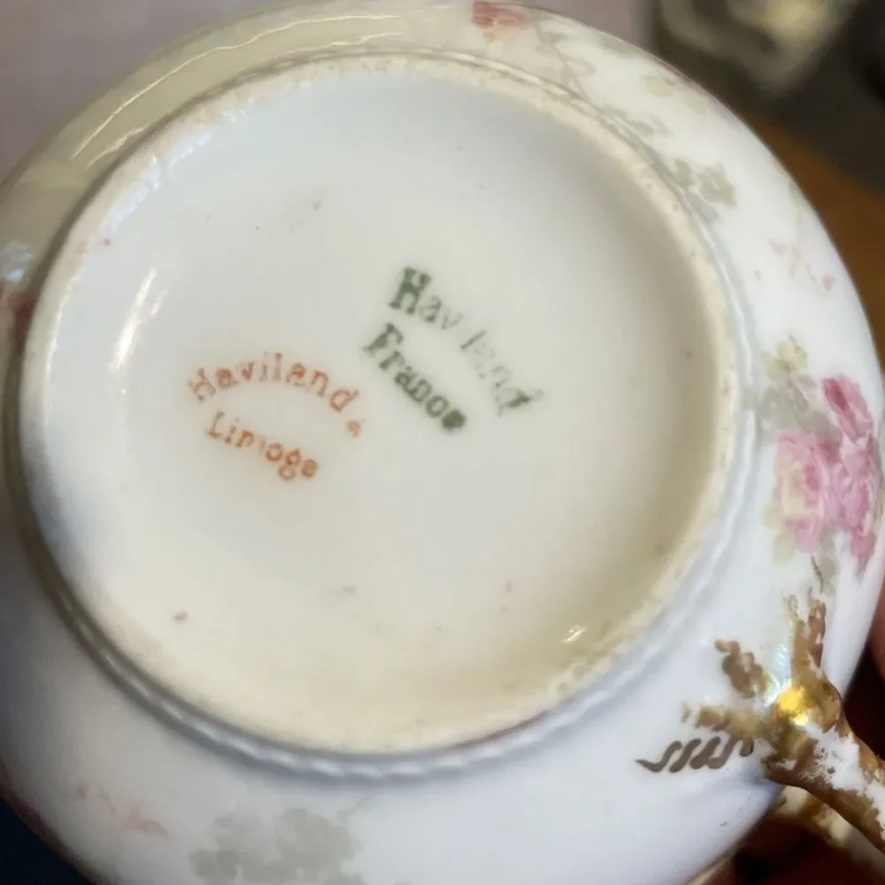 2 Antique Theodore Haviland Tea Cup Saucer Roses Limoge France